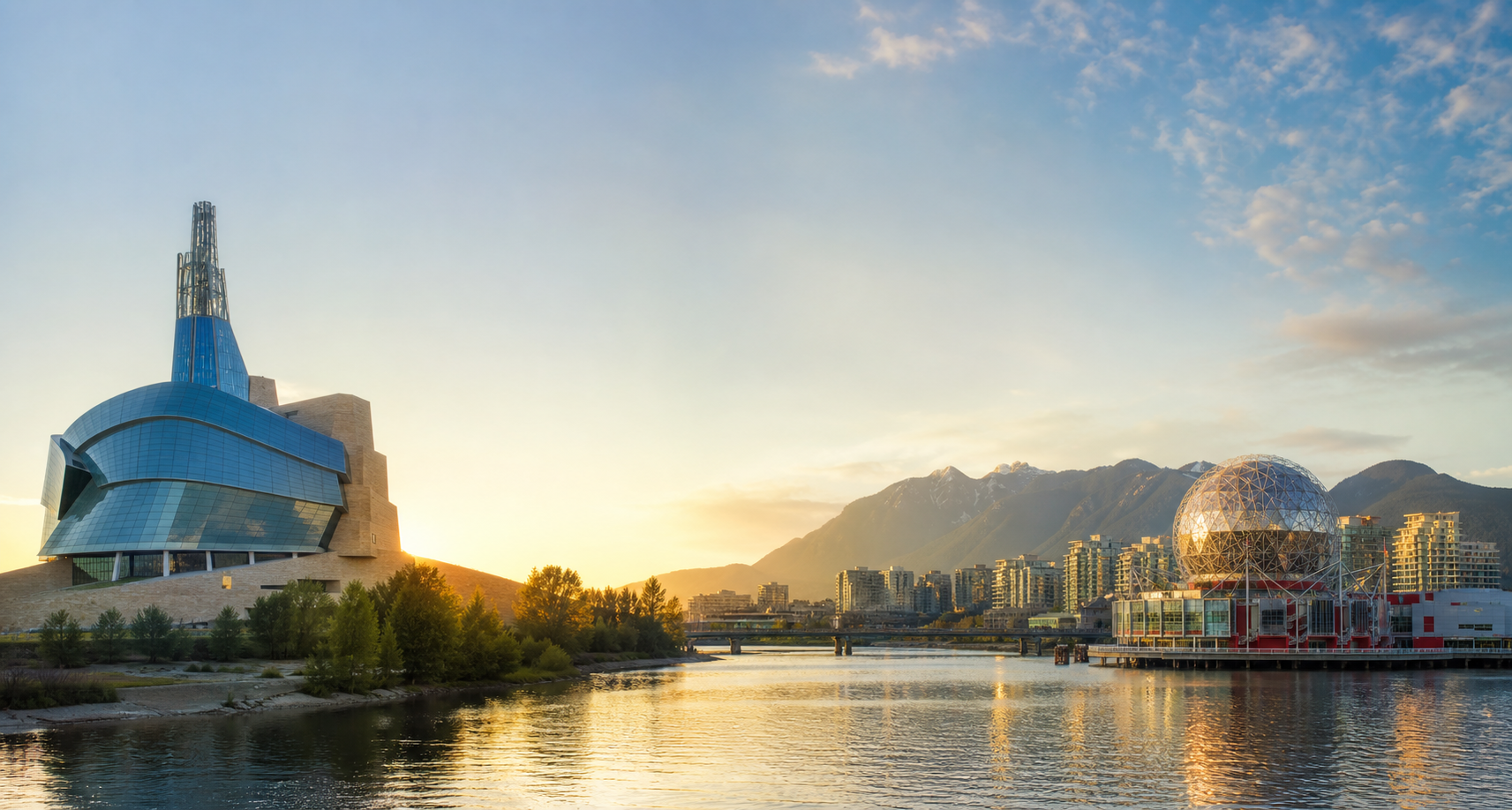 A blended Canadian cityscape featuring the Canadian Museum for Human Rights in Winnipeg and Science World in Vancouver